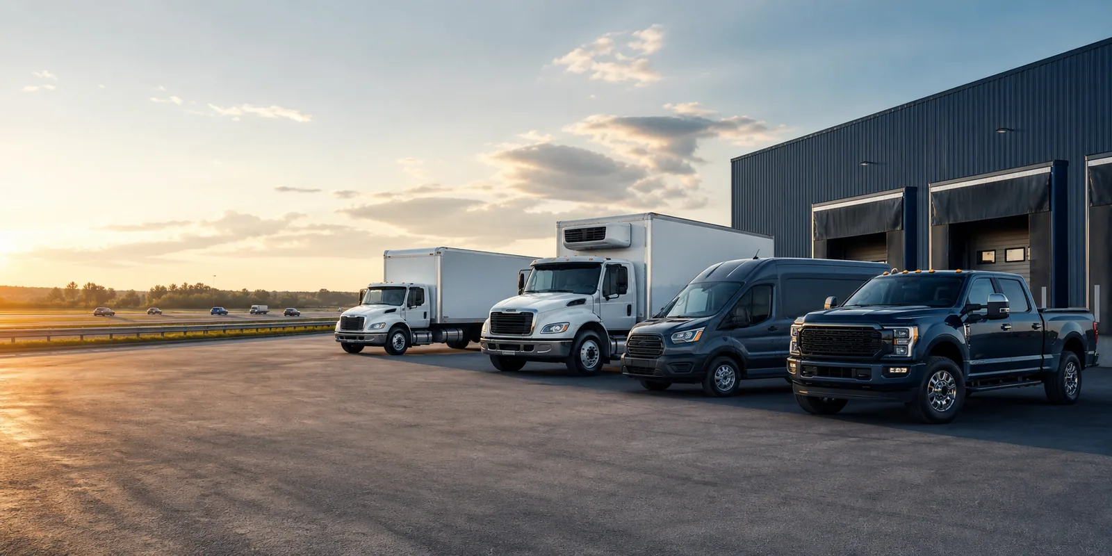 Véhicules commerciaux dans une cour logistique moderne