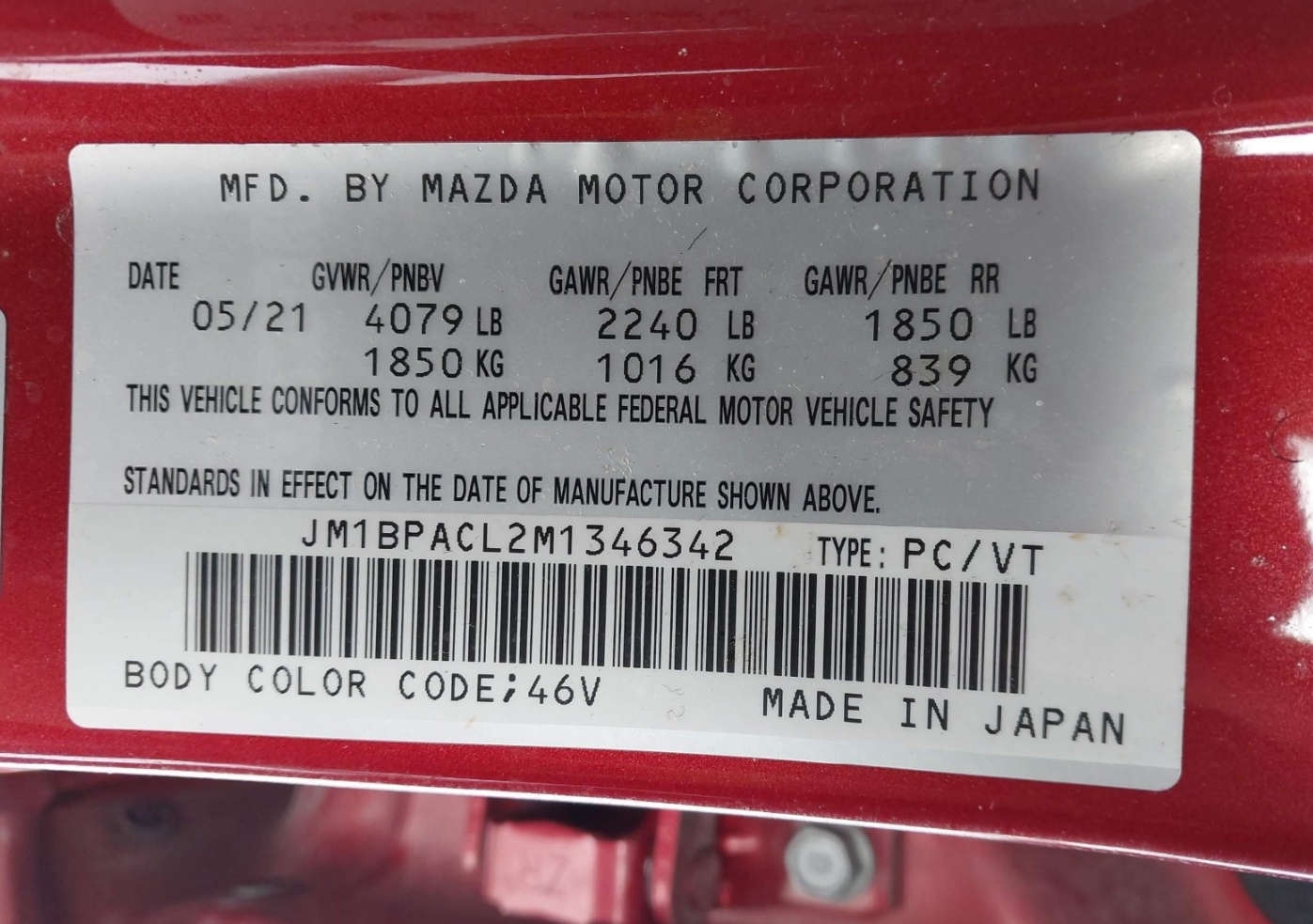 Mazda3 2021 étiquette NIV