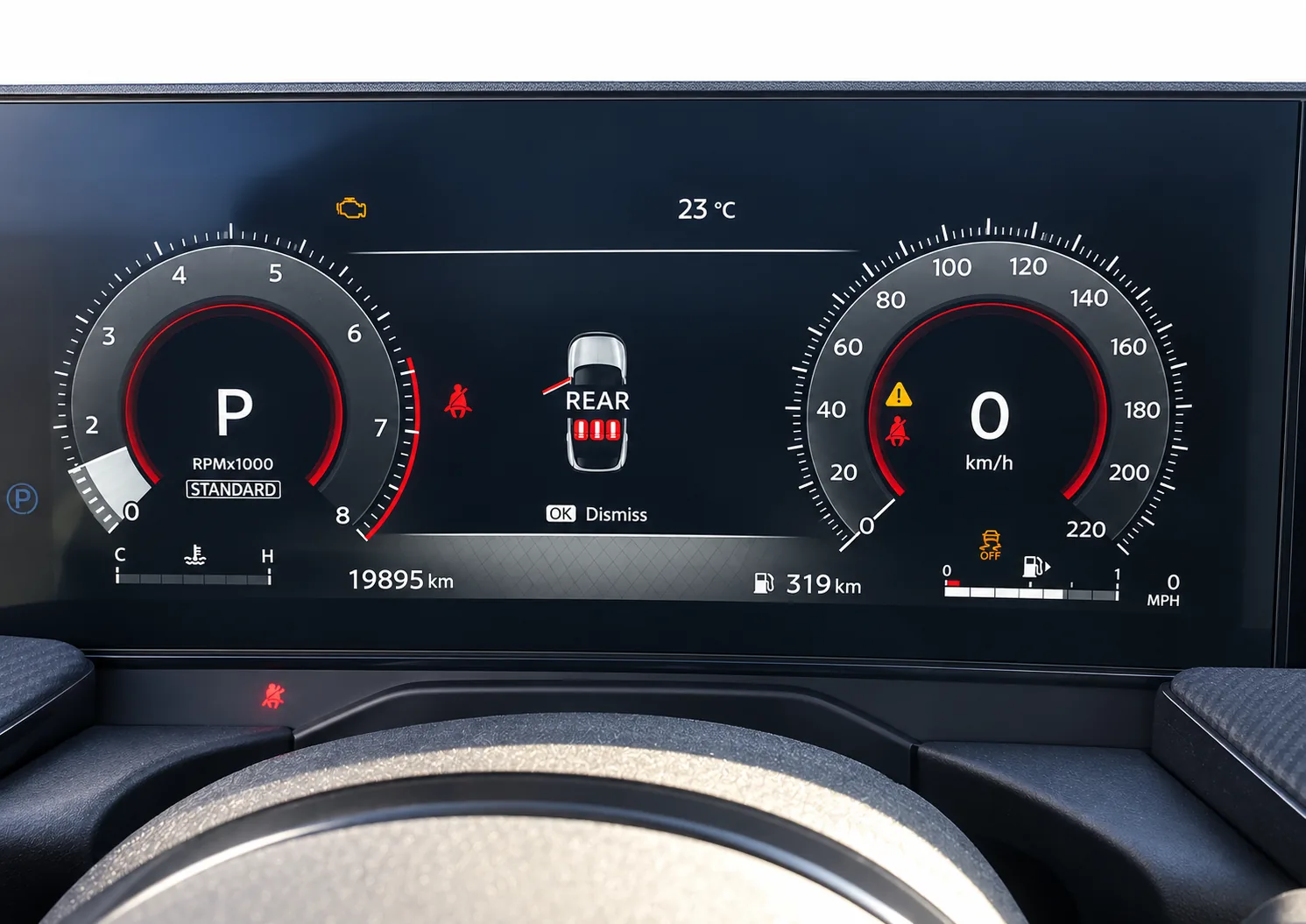 Compteur du Kicks SR Premium 2025 indiquant 19 895 km